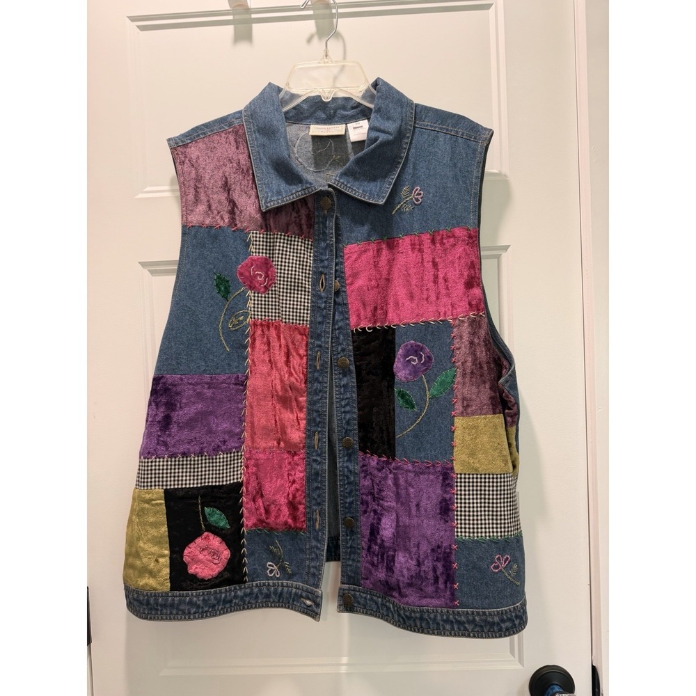 Susan Bristol 3W Denim Patchwork Vest 1999 Velvet Rose Hand Embroidered Y2K Plus